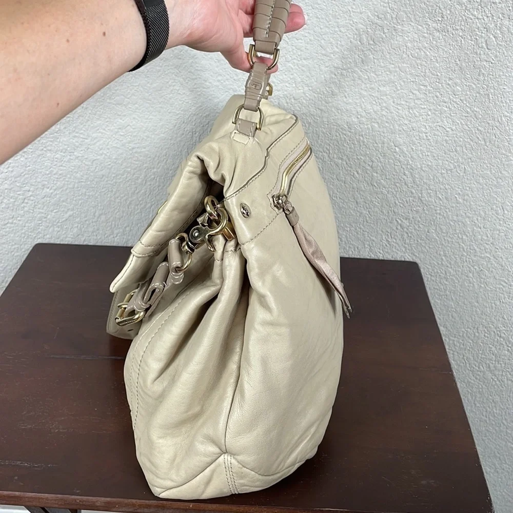 Nina Ricci Liane Leather Satchel Bag Top Handle Shoulder Strap Cream Ivory